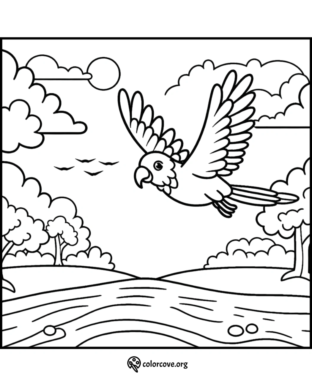 Coloring page of a parrot flying over a scenic landscape with trees, clouds, and a river under a bright sun.