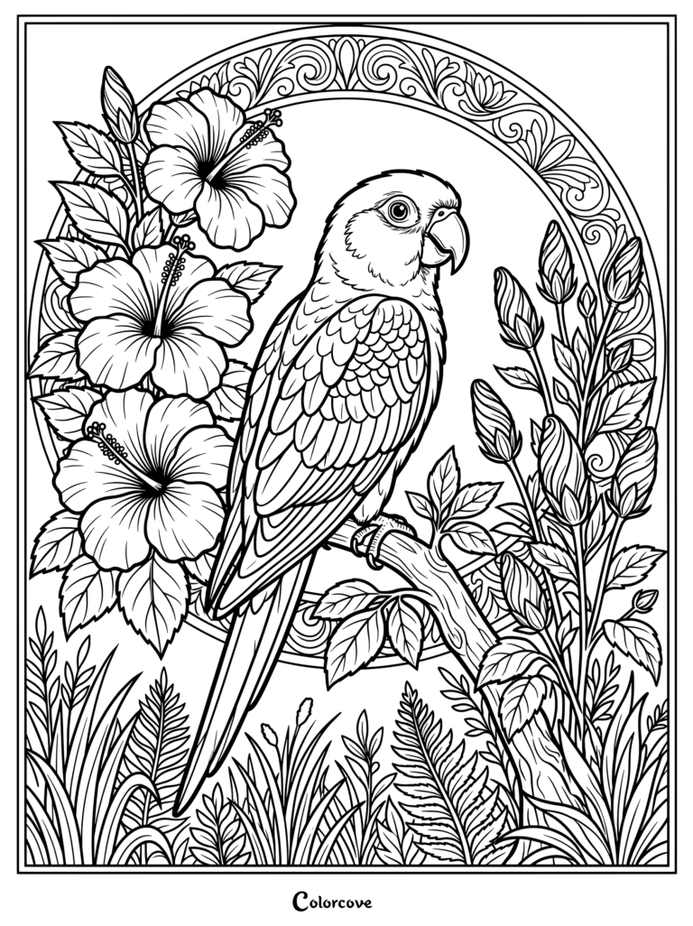 Detailed coloring page featuring an exotic parrot perched on a branch surrounded by blooming hibiscus flowers and ornate patterns.