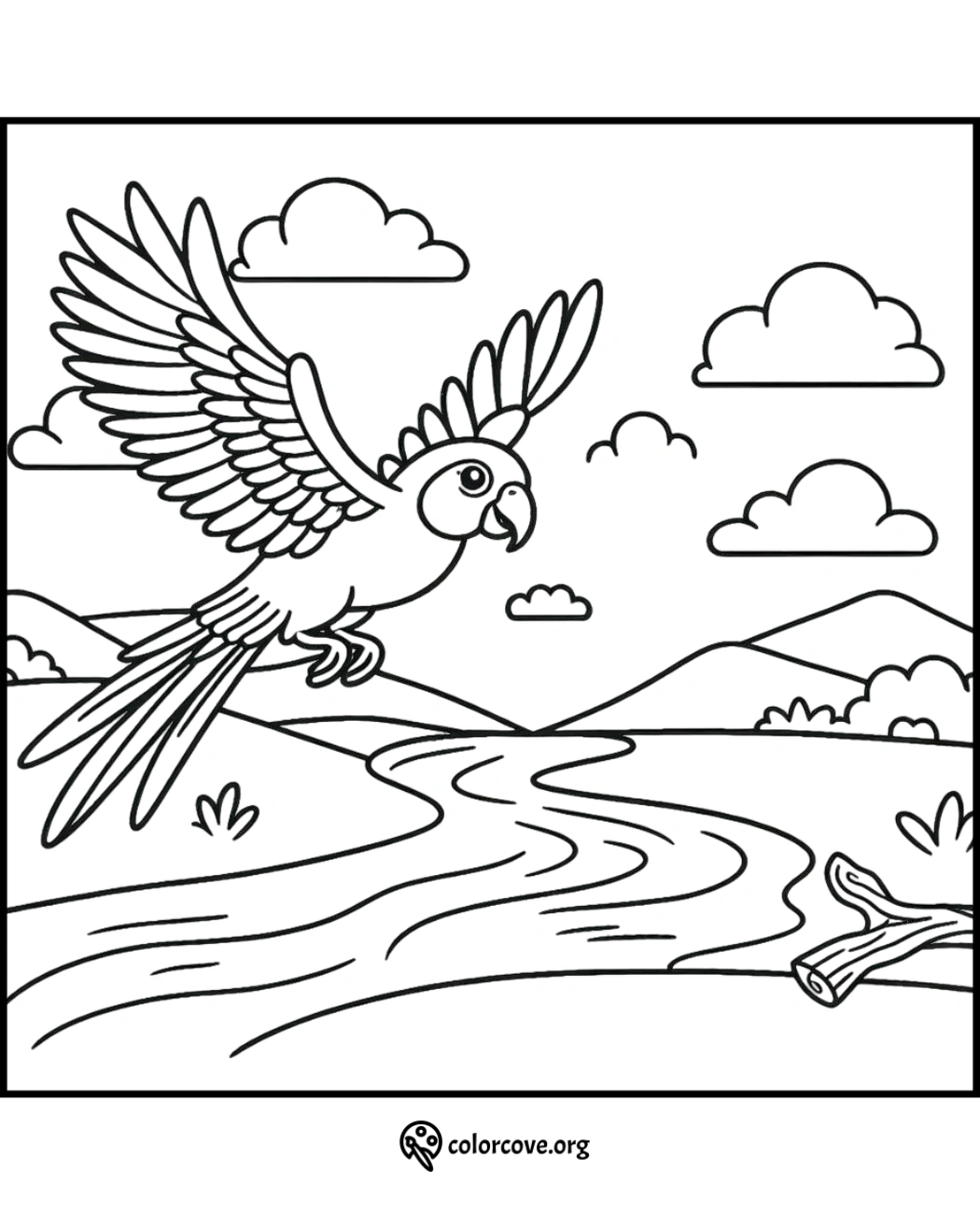 Parrot Coloring Page: Flying parrot over a scenic landscape with river, hills, clouds, and a log. Printable for kids.