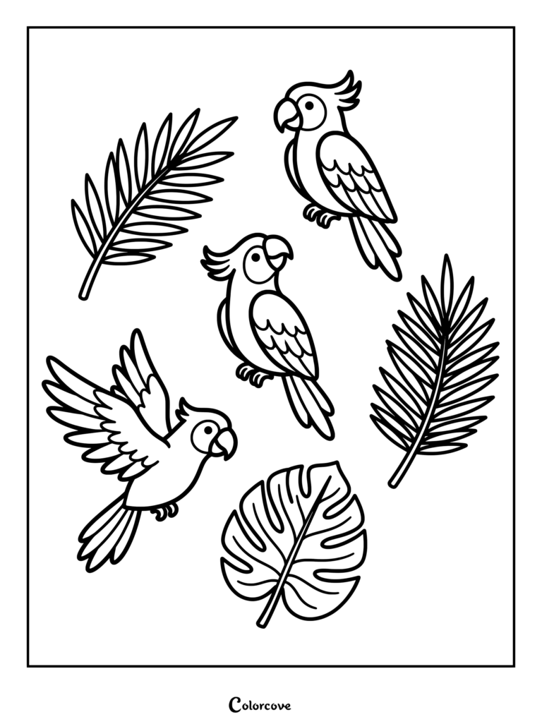 Cockatiel birds with tropical leaves coloring page.