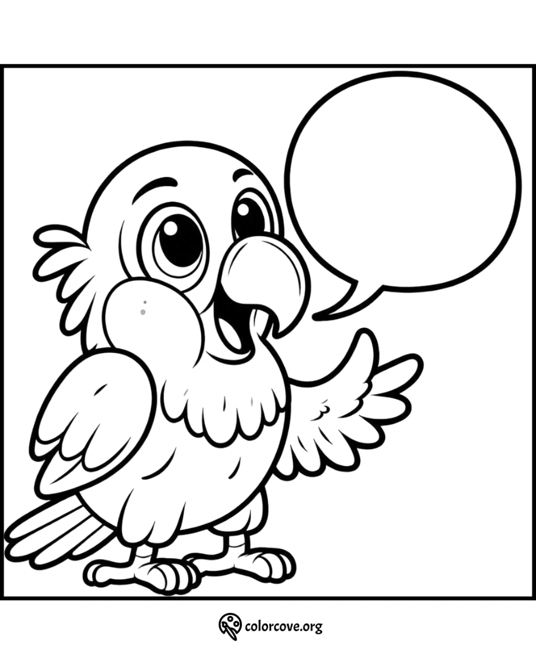 Cute parrot coloring page with speech bubble to add your own text. Fun printable for kids to color and customize.