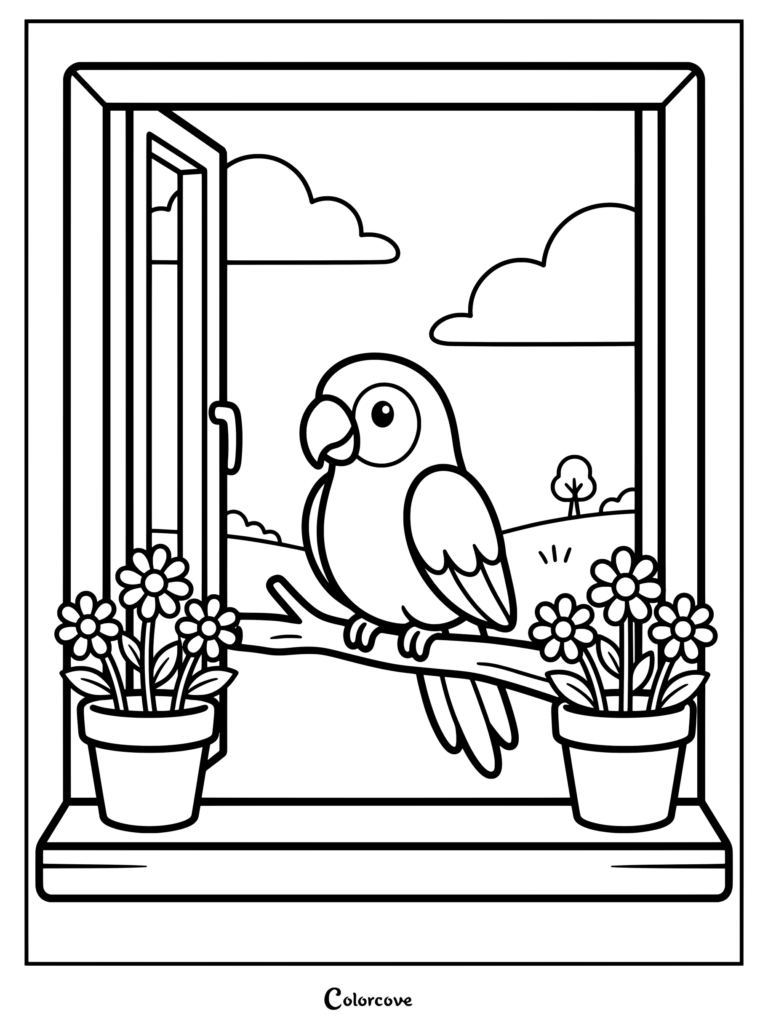 A cute parrot coloring page featuring the bird perched on a branch outside an open window with flower pots.