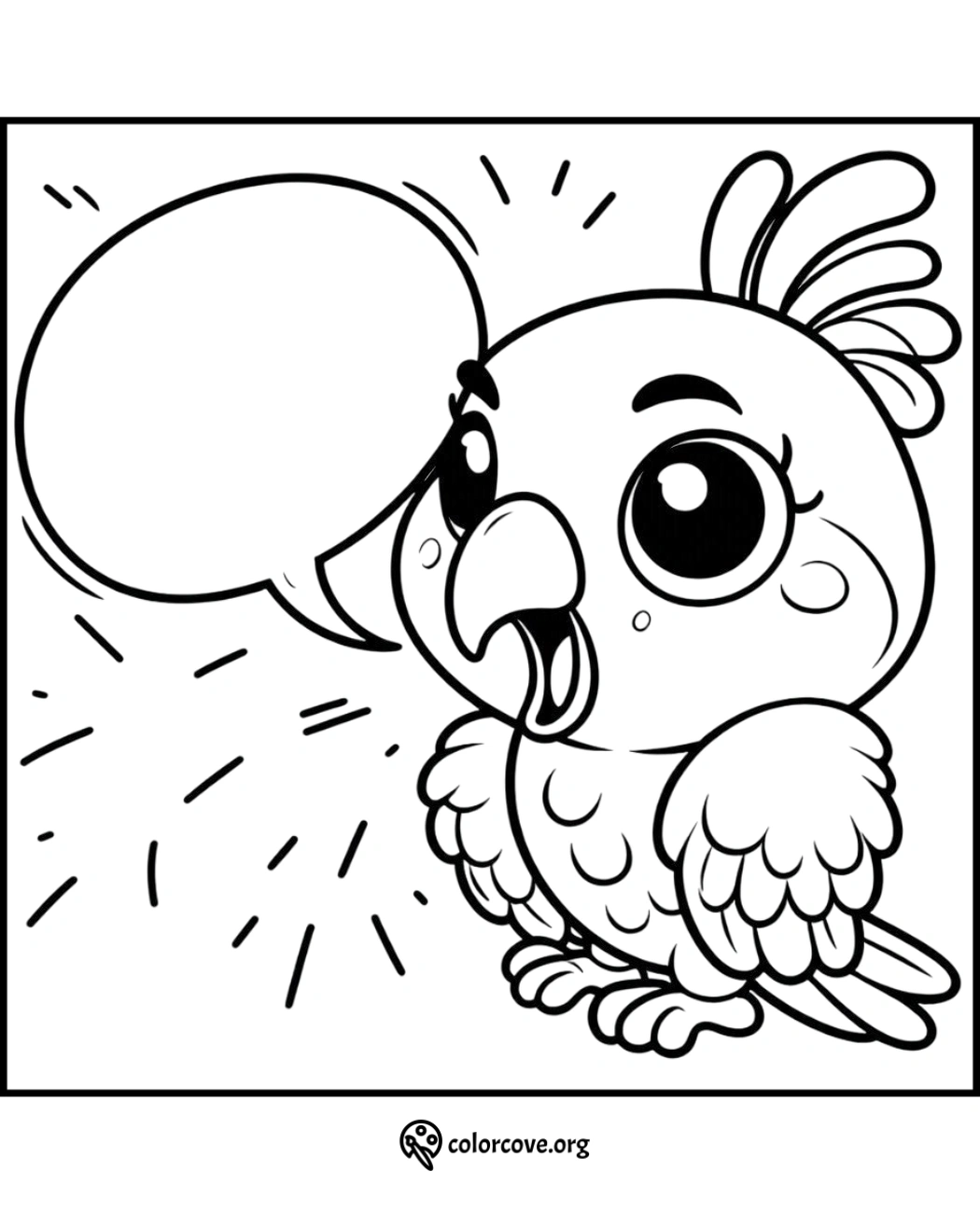 Cute parrot coloring page with speech bubble. Fun printable activity for kids. Download and color this vibrant parrot image.