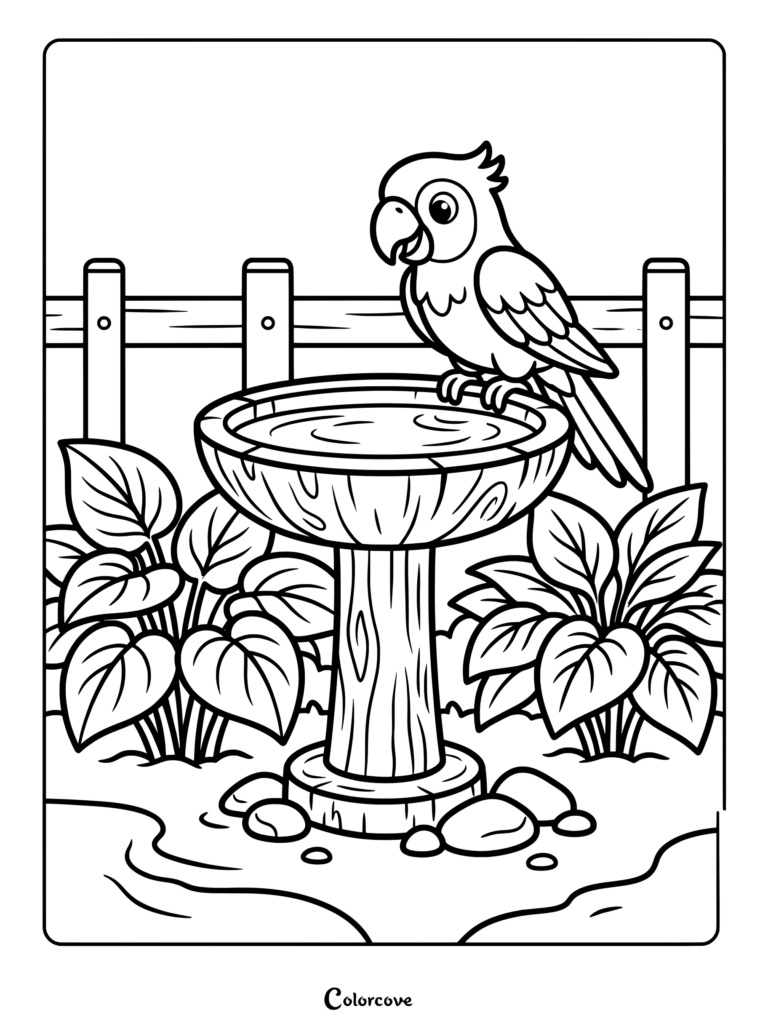 A friendly parrot perched on a rustic birdbath in a lush garden coloring page.