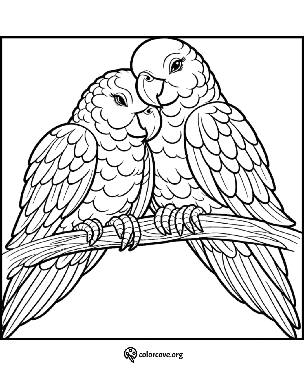 Two parrots snuggling together on a branch, coloring page for kids and adults to print and color.