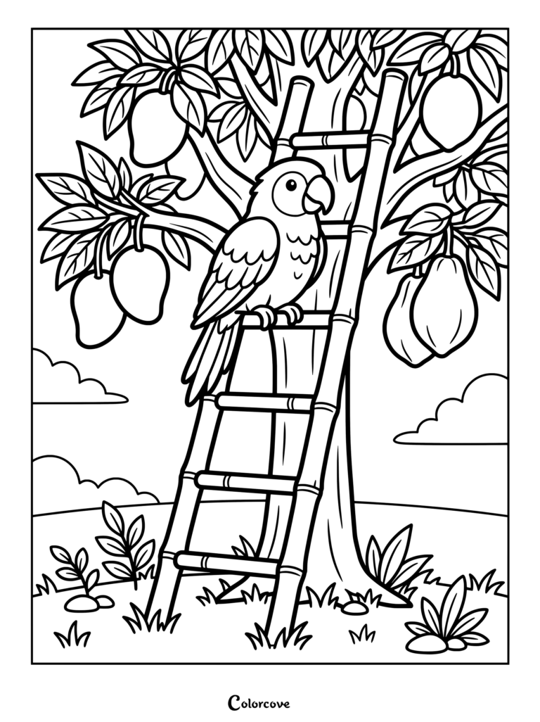 A friendly parrot perched on a bamboo ladder leaning against a fruitful mango tree in a coloring page.