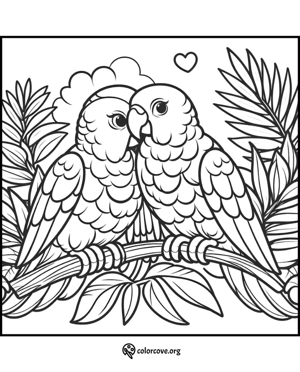 Coloring page of two lovebirds perched on a branch, surrounded by leaves and a heart symbol above them.