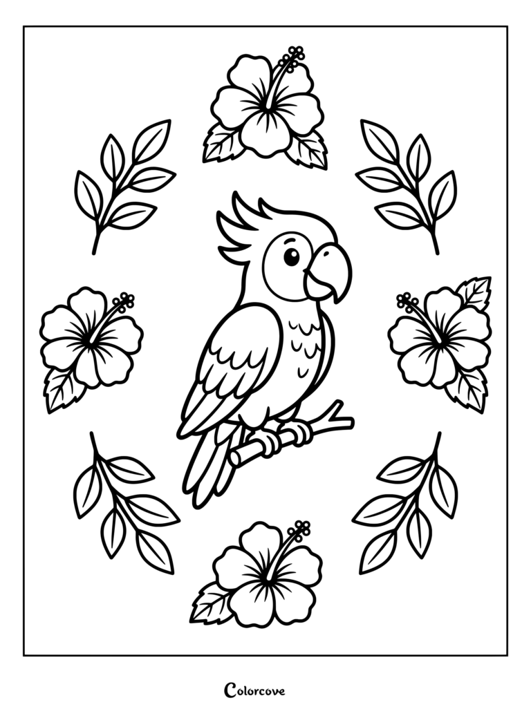 Cockatoo perched on a branch surrounded by hibiscus flowers and tropical leaves for a parrot coloring page