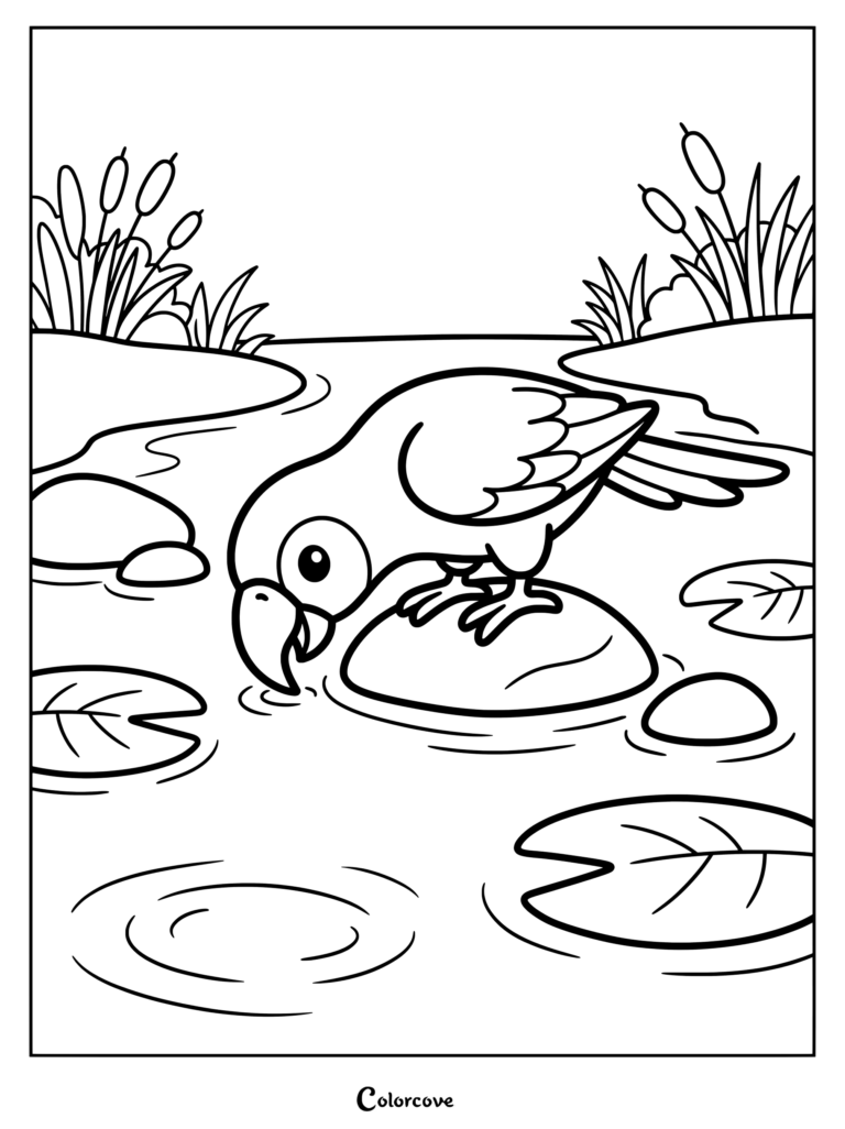A cute parrot coloring page featuring the bird perched on a rock by a pond with lily pads and cattails.