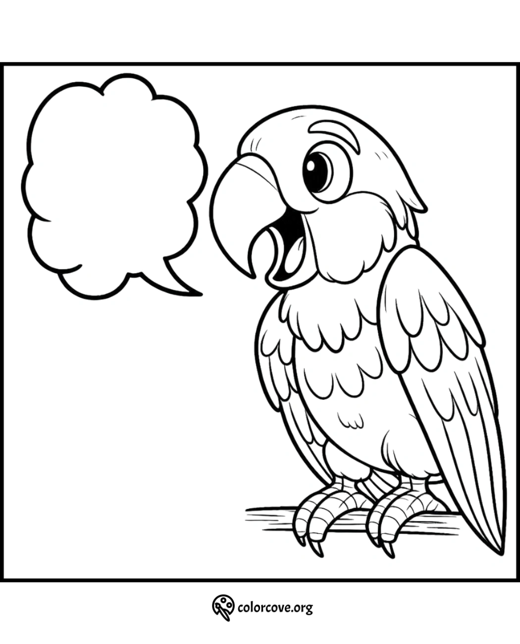 Coloring page of a parrot with a speech bubble, perched on a branch. Great for kids' creative activities and art projects.