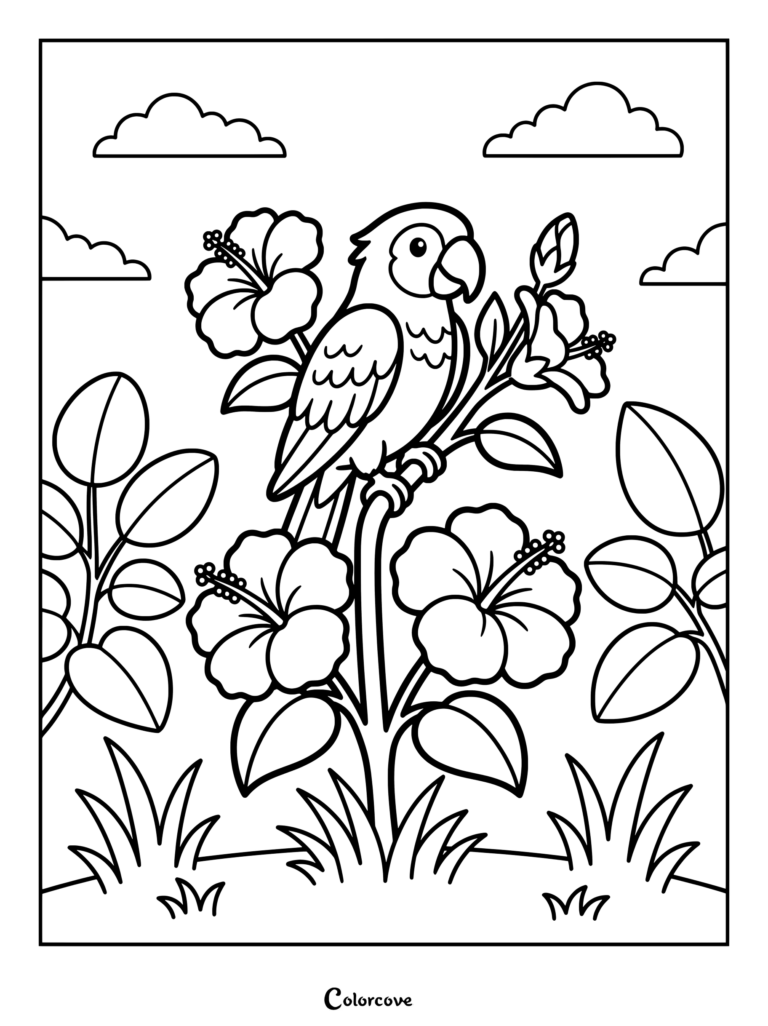 A friendly parrot perched on a branch surrounded by tropical hibiscus flowers in this detailed coloring page.