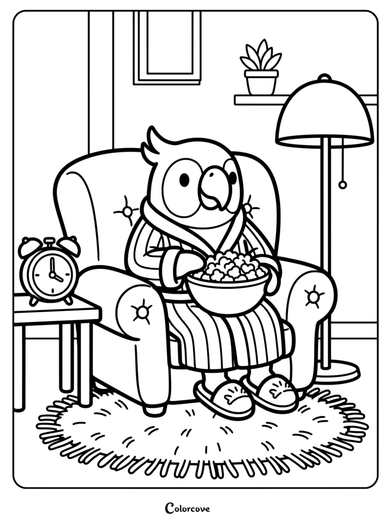 Parrot coloring page featuring a cozy bird in a bathrobe eating popcorn in an armchair.