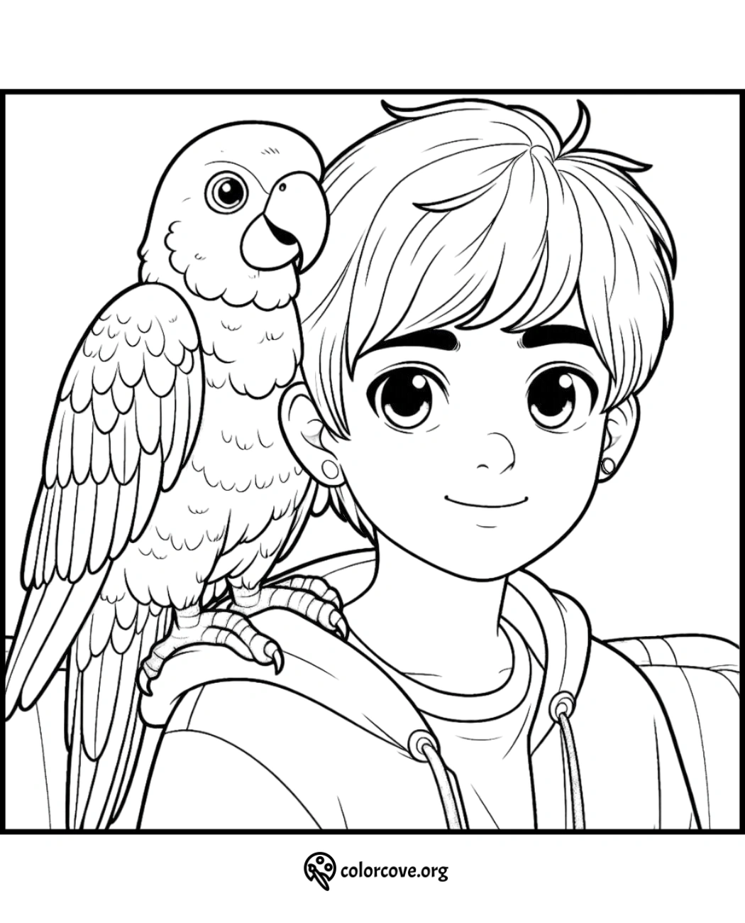 Boy with parrot coloring page | Kids' fun activities | Free printable coloring sheets | Animal-themed coloring pages for children