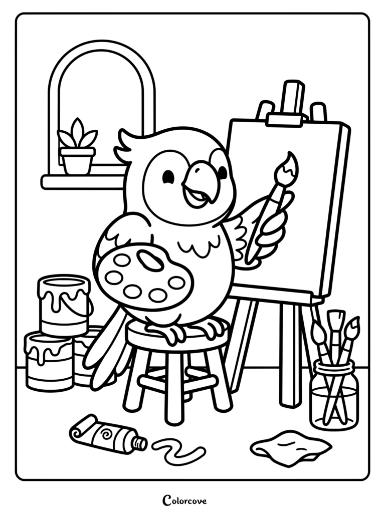 A happy parrot holds a paintbrush and palette while painting on a canvas in an art studio coloring page.