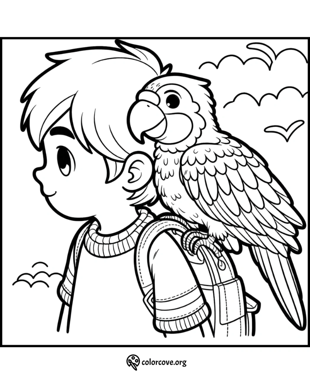 Coloring page of a boy with a parrot on his shoulder, surrounded by clouds and birds in the background.