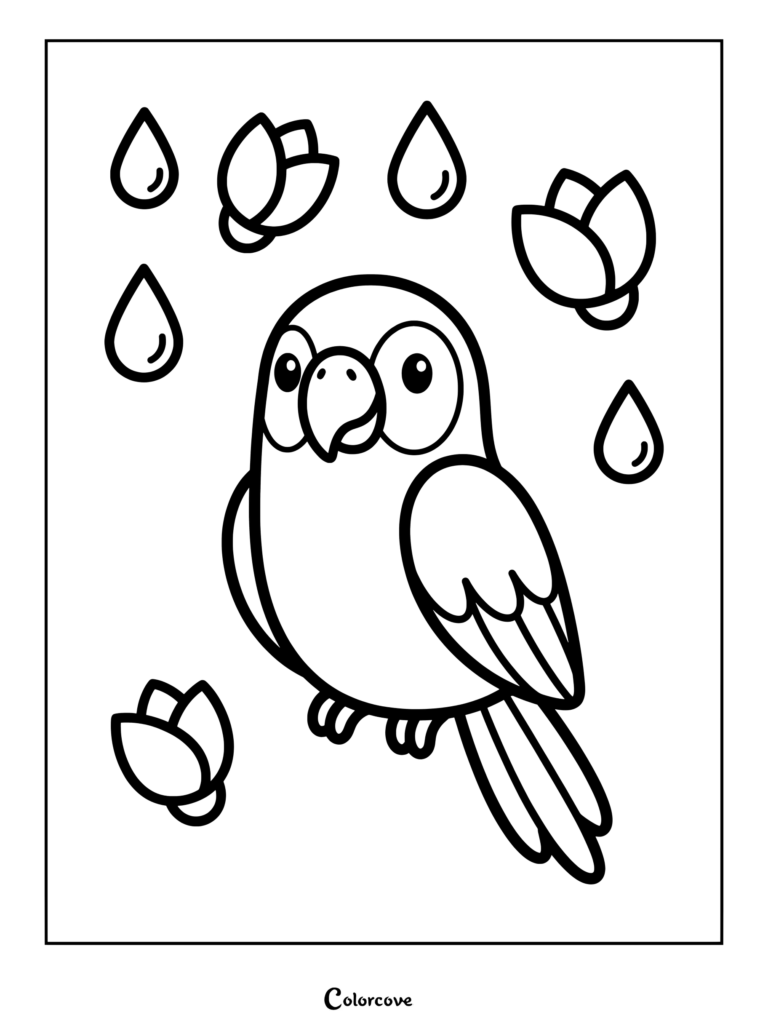 A cute parrot coloring page featuring a cheerful bird surrounded by falling raindrops and floating flower buds.