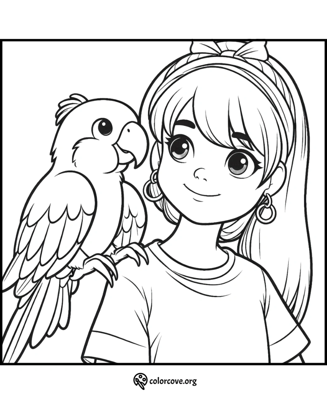 Girl with parrot coloring page. A young girl with a headband smiles beside a parrot perched on her shoulder. ColorCove.org.