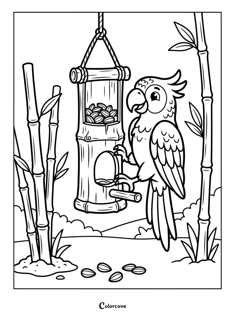 Friendly parrot eating seeds from a hanging bamboo feeder in a coloring page.