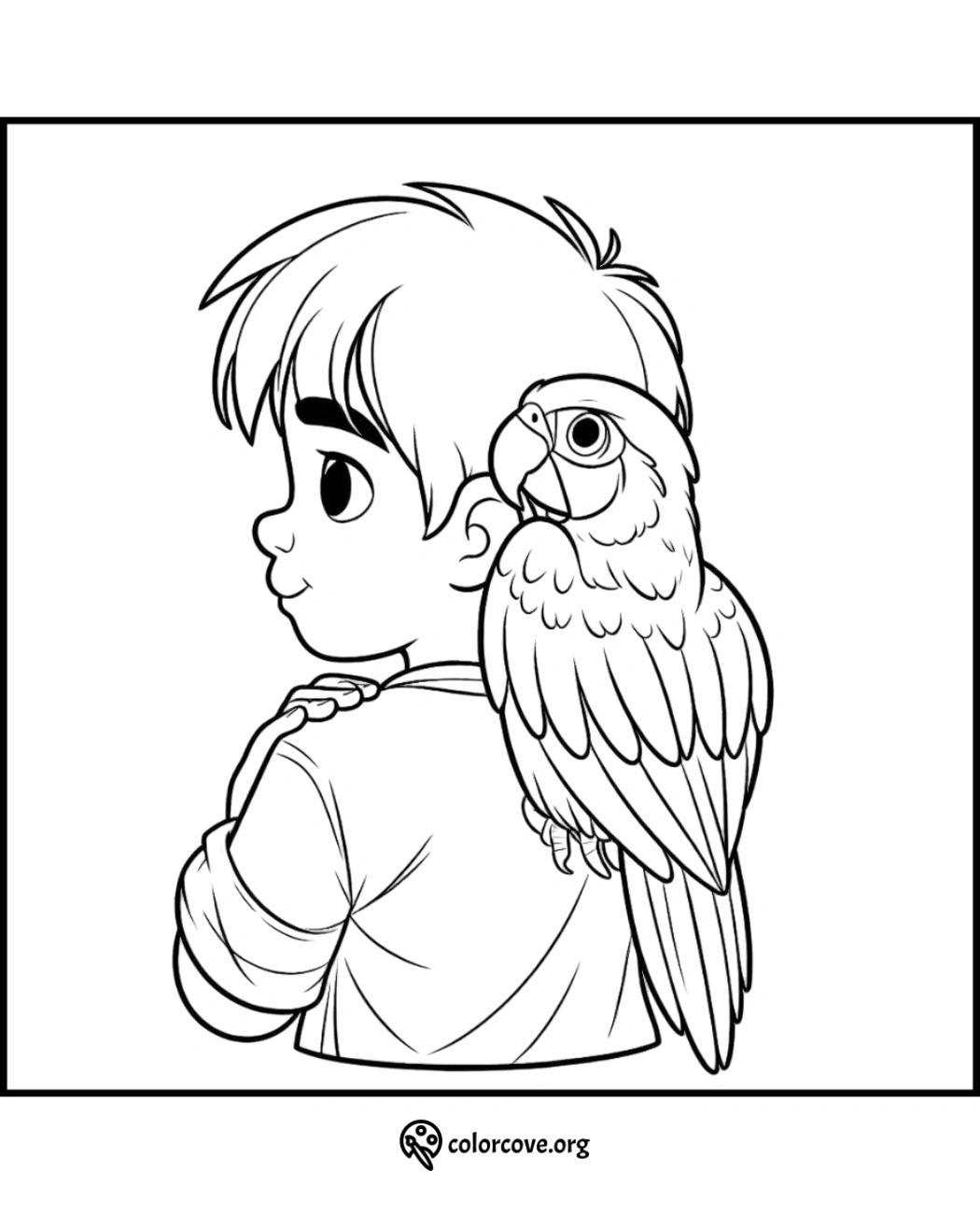 Coloring page of a young boy with a parrot perched on his shoulder, looking back with a smile.