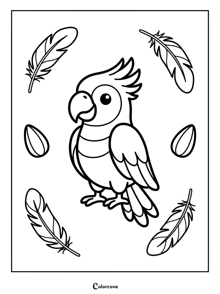 A cute cockatiel parrot surrounded by floating feathers and seeds in this printable coloring page.