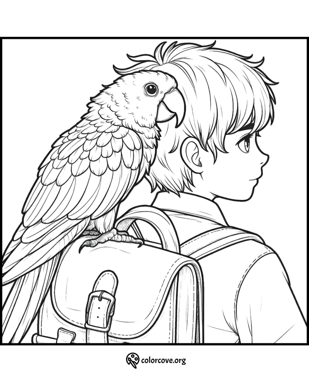 Coloring page of a boy with a bird on his shoulder. The bird rests on the boy's backpack. Image by colorcove.org.