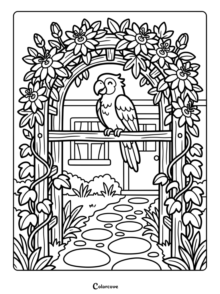 A friendly parrot perched on a wooden archway covered in flowers, designed as a printable coloring page.