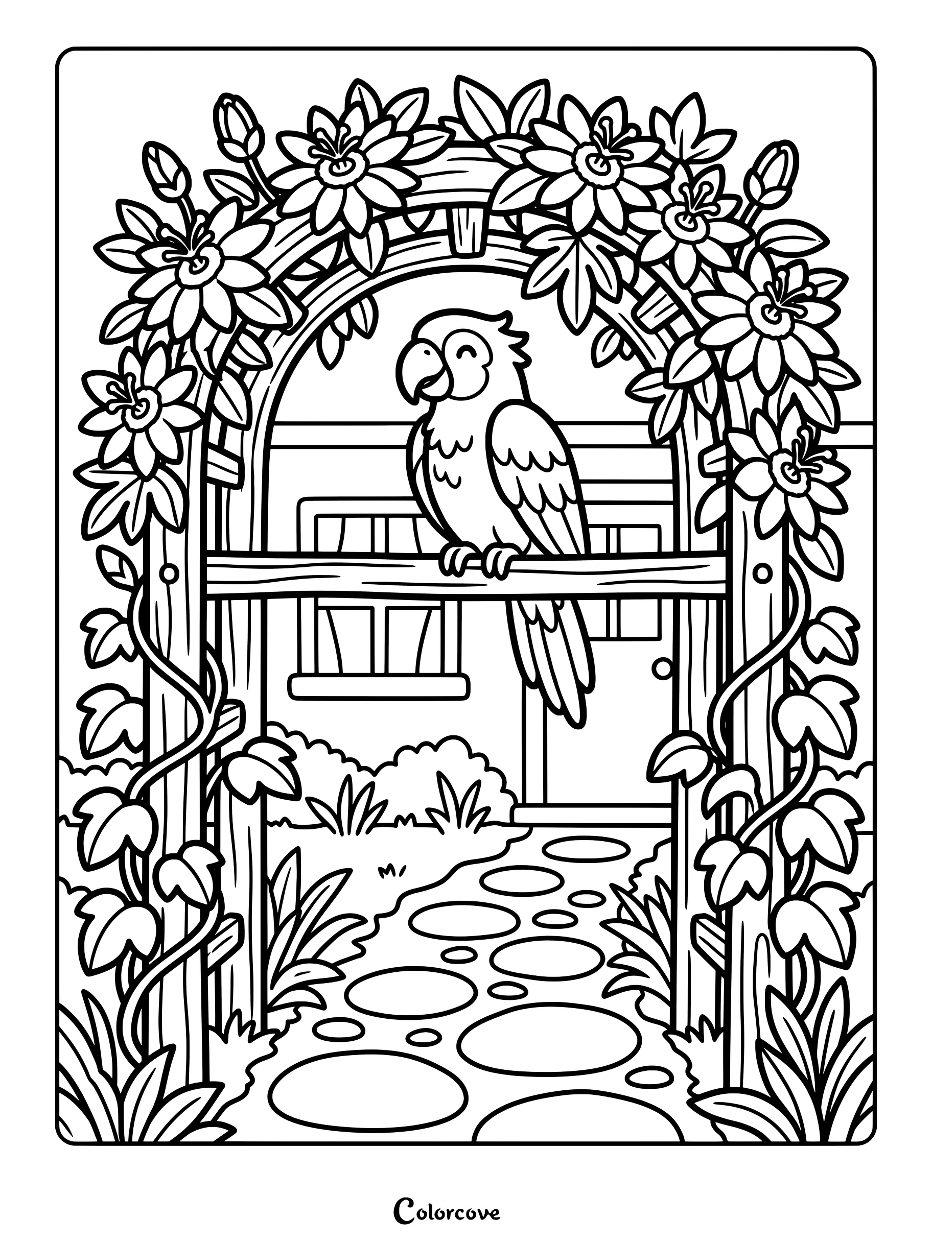 A friendly parrot perched on a wooden archway covered in flowers, designed as a printable coloring page.