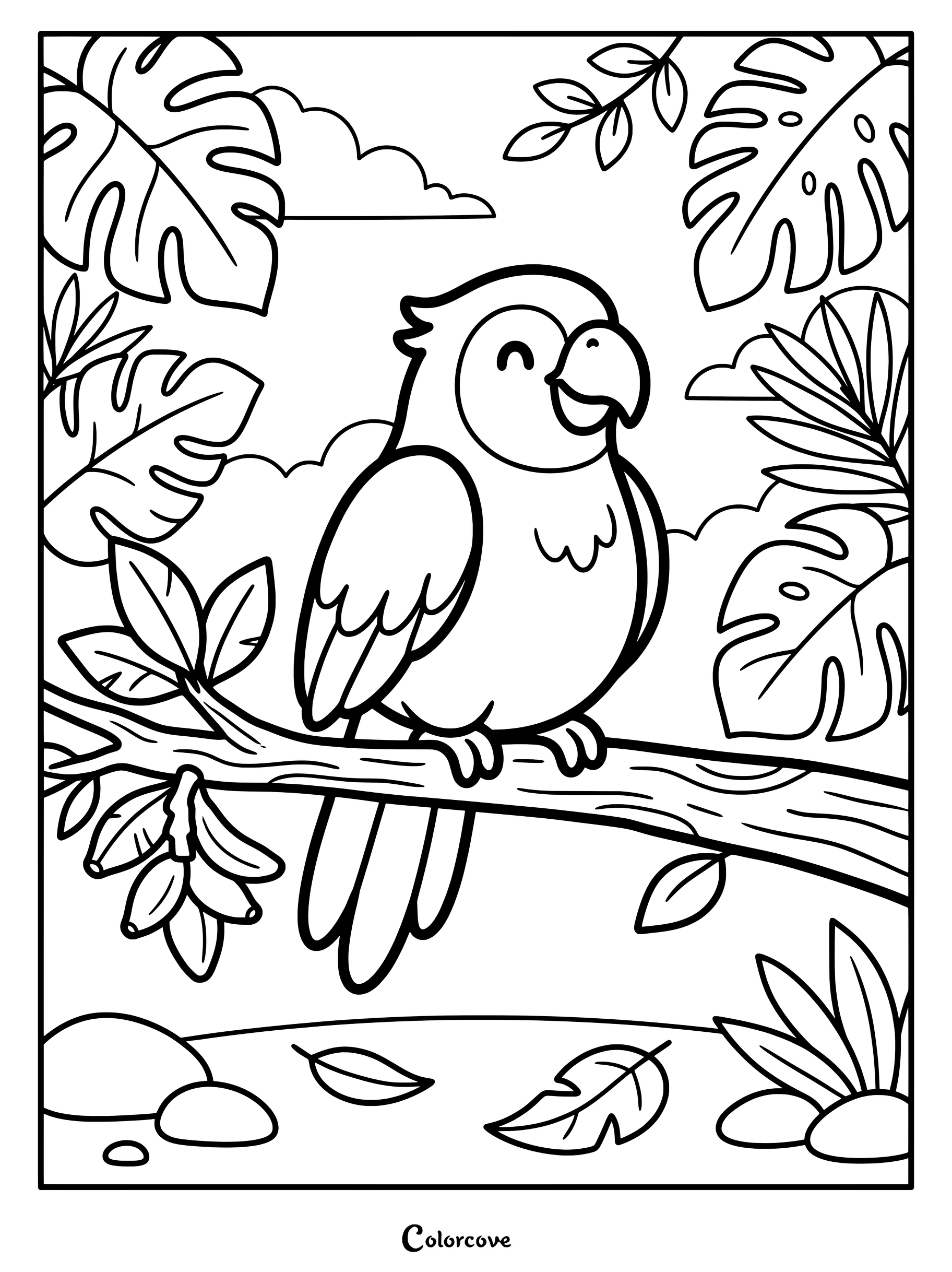 Charming parrot coloring page featuring a tropical bird perched on a branch surrounded by jungle leaves.