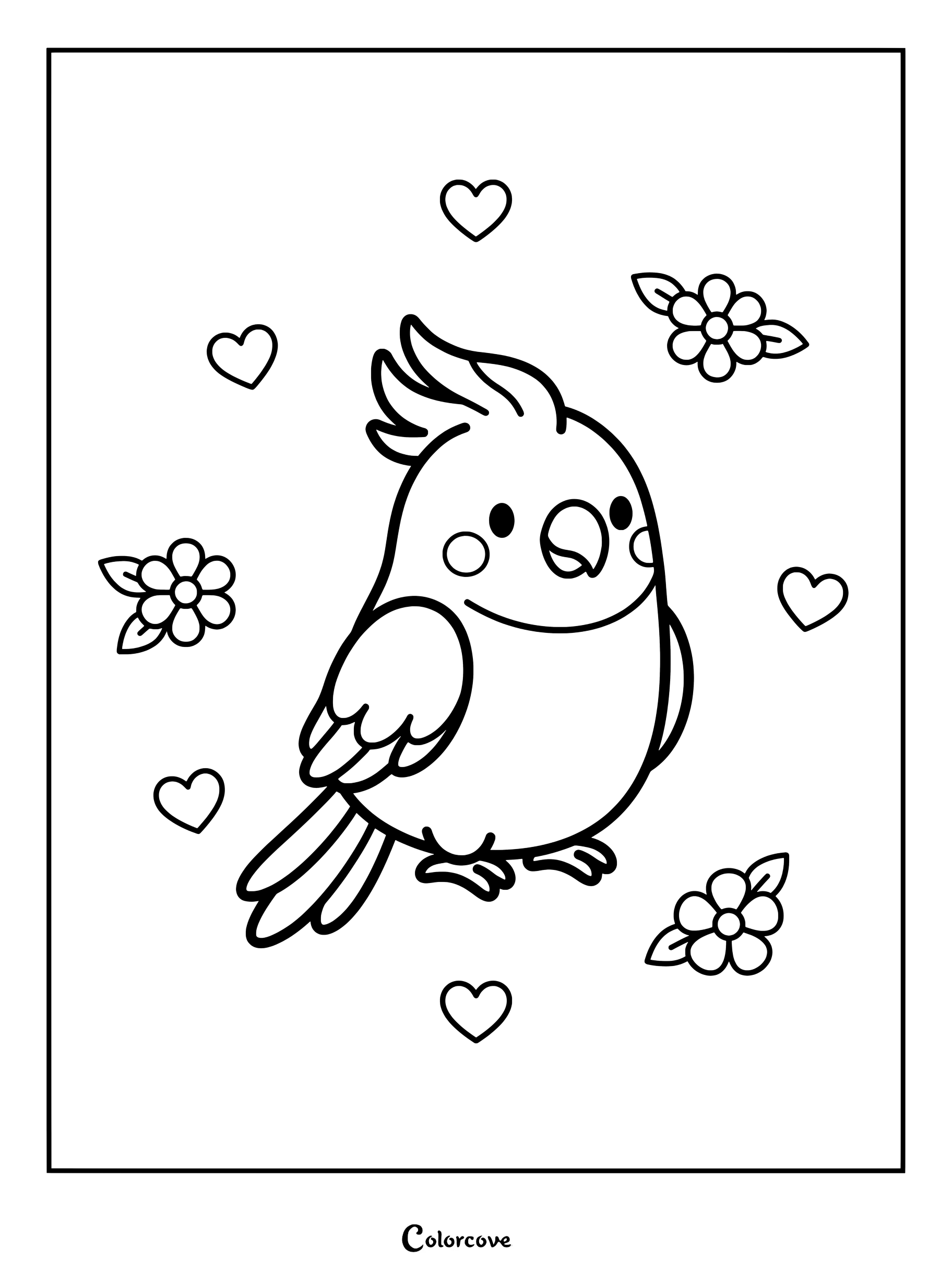 Cute cockatiel parrot coloring page surrounded by hearts and flowers.