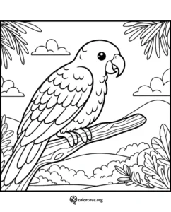 Coloring page of a parrot on a branch with clouds and leaves in the background. Ideal for kids and bird enthusiasts.