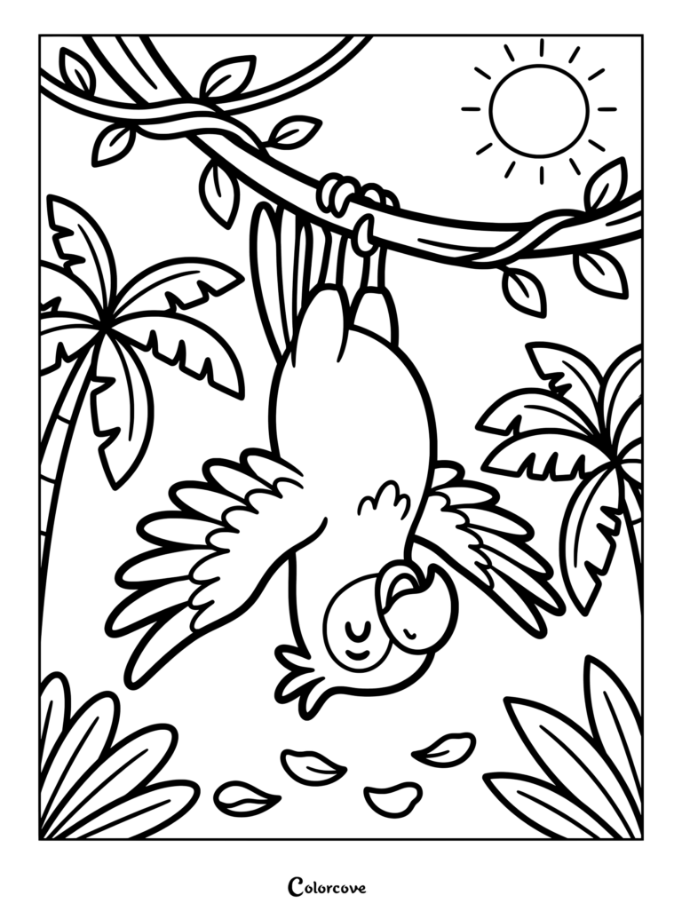 Happy parrot hanging upside down from a jungle vine coloring page with palm trees and sun in the background