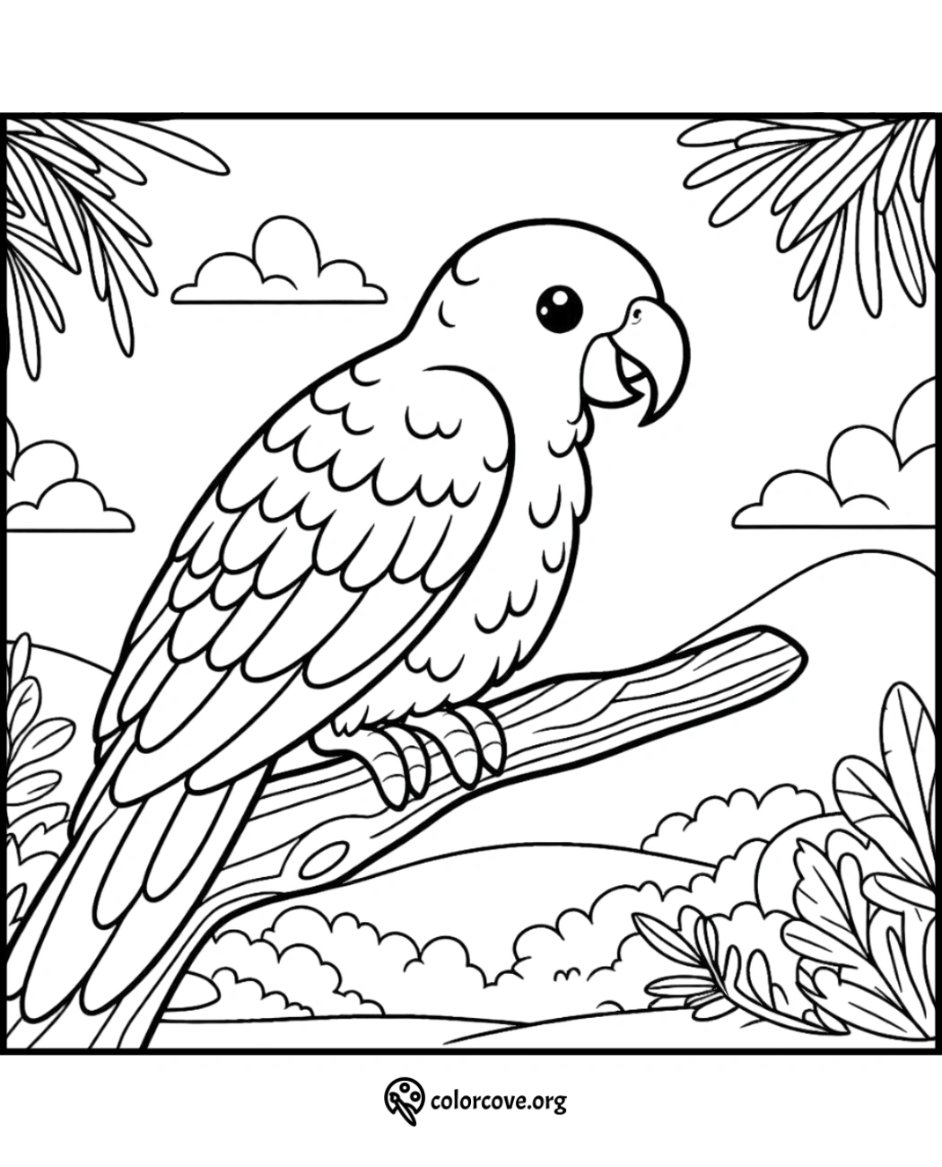 Coloring page of a parrot on a branch with clouds and leaves in the background. Ideal for kids and bird enthusiasts.