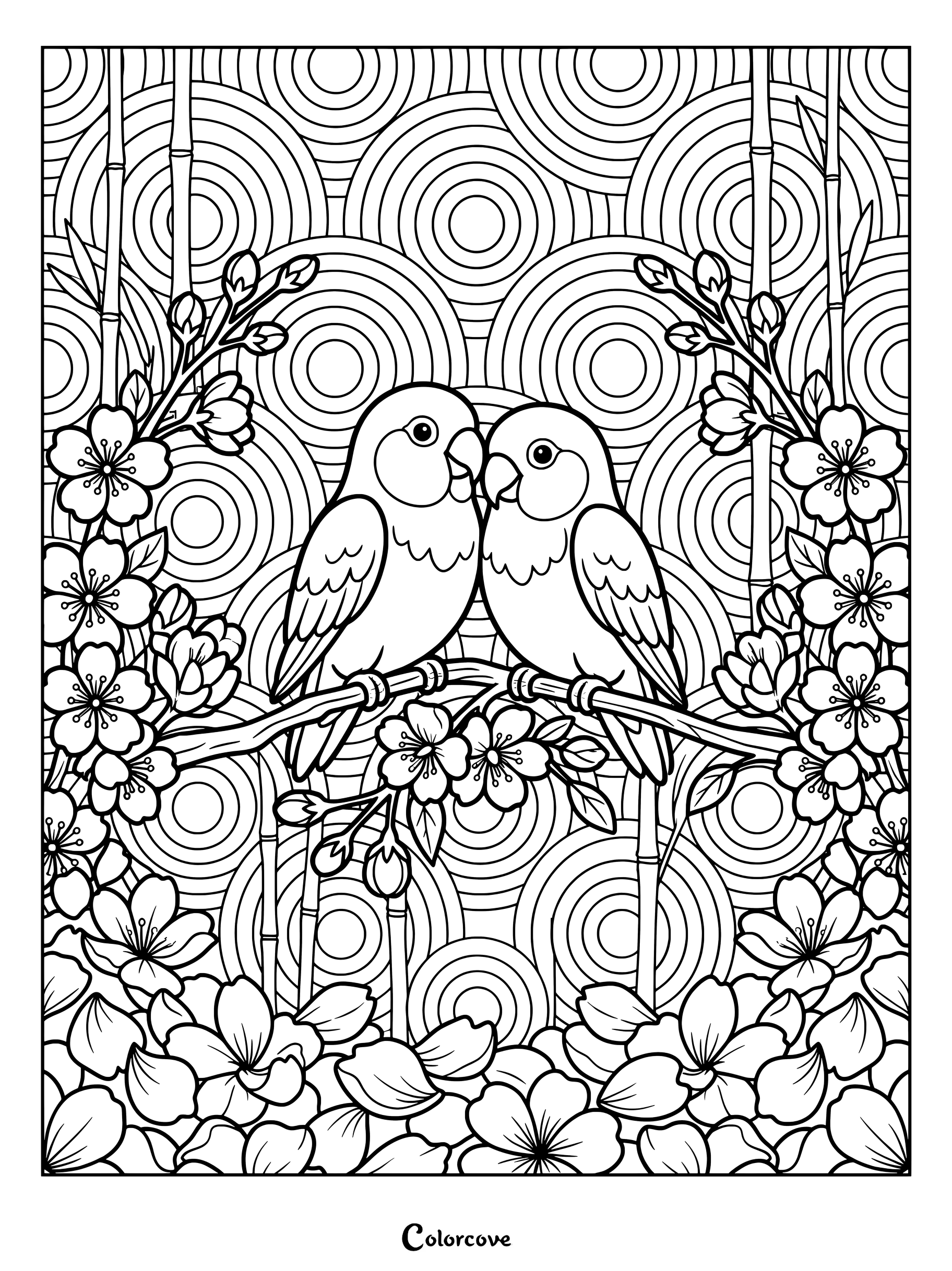 Intricate parrot coloring page featuring two lovebirds perched on a cherry blossom branch amidst concentric circle patterns.