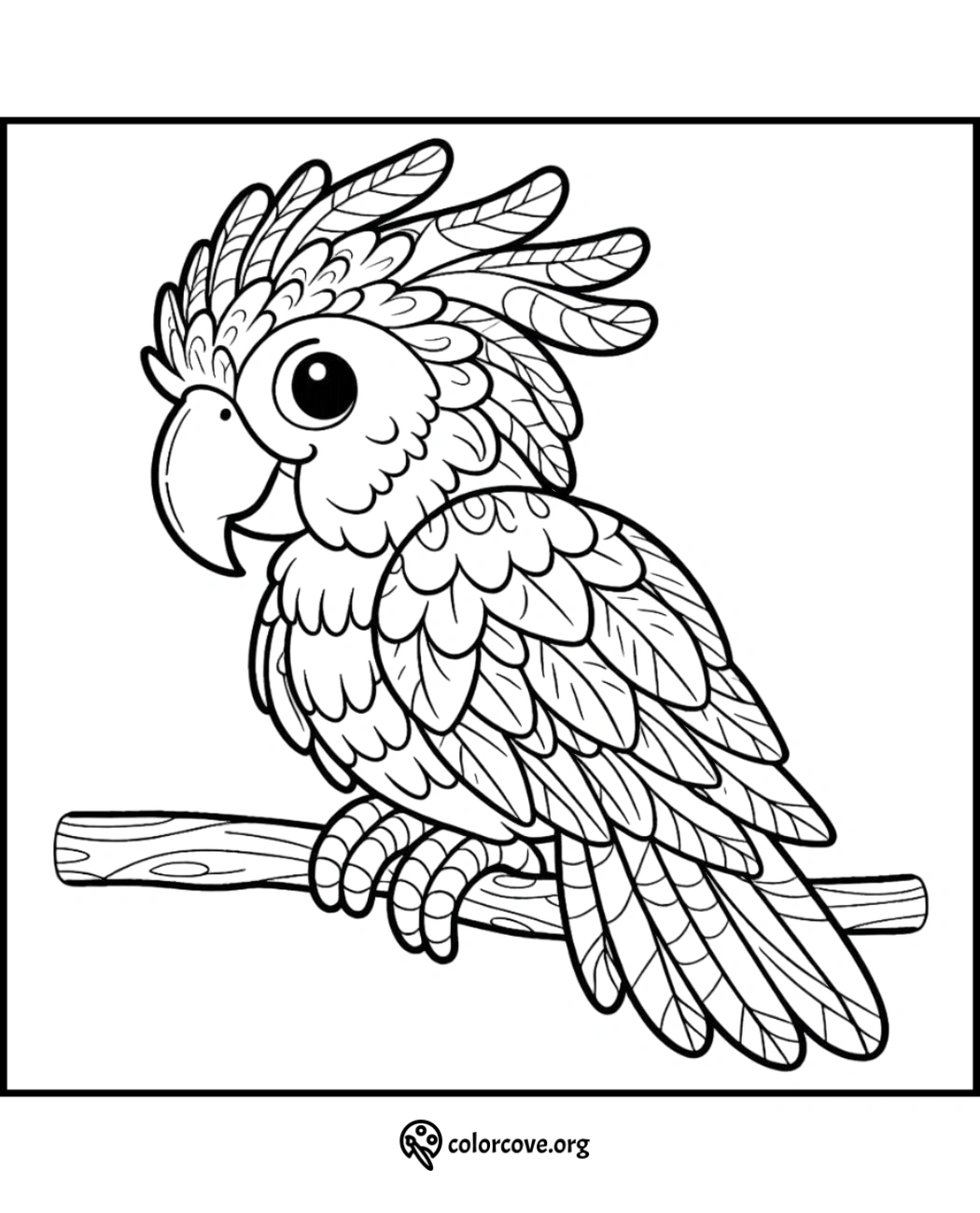 Coloring page of a detailed parrot perched on a branch, perfect for kids and adults to enjoy and enhance creativity.