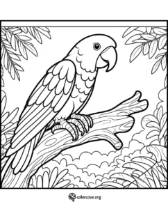 Parrot coloring page for kids and adults featuring a detailed parrot on a tree branch in a jungle setting.