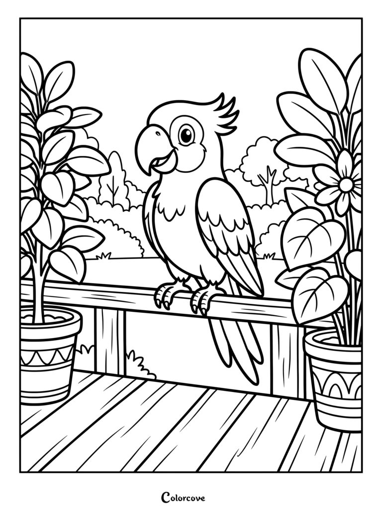 Friendly parrot coloring page featuring a cockatoo perched on a wooden railing between potted plants.