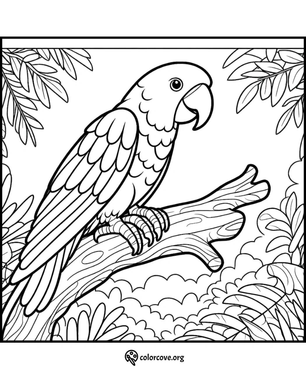 Parrot coloring page for kids and adults featuring a detailed parrot on a tree branch in a jungle setting.