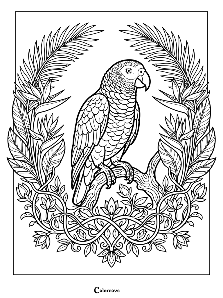 An intricate coloring page of an African Grey parrot perched on a branch surrounded by tropical leaves and flowers.