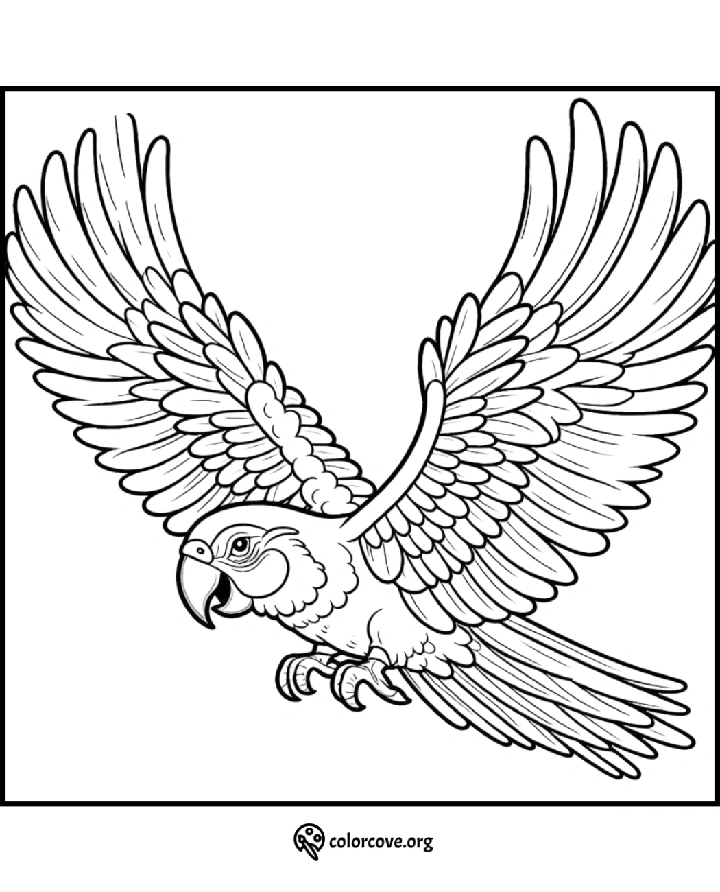 Parrot coloring page with detailed wings spread, offering fun and creative activity for kids and adults.