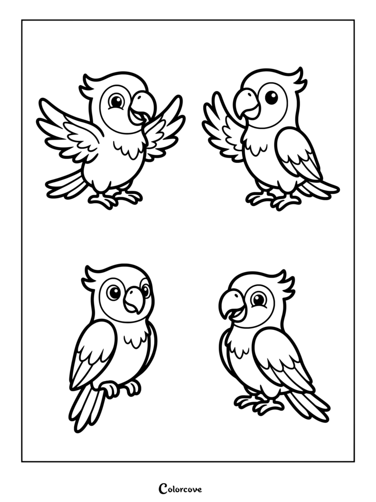 Four cute bird characters showing different poses in this parrot coloring page.