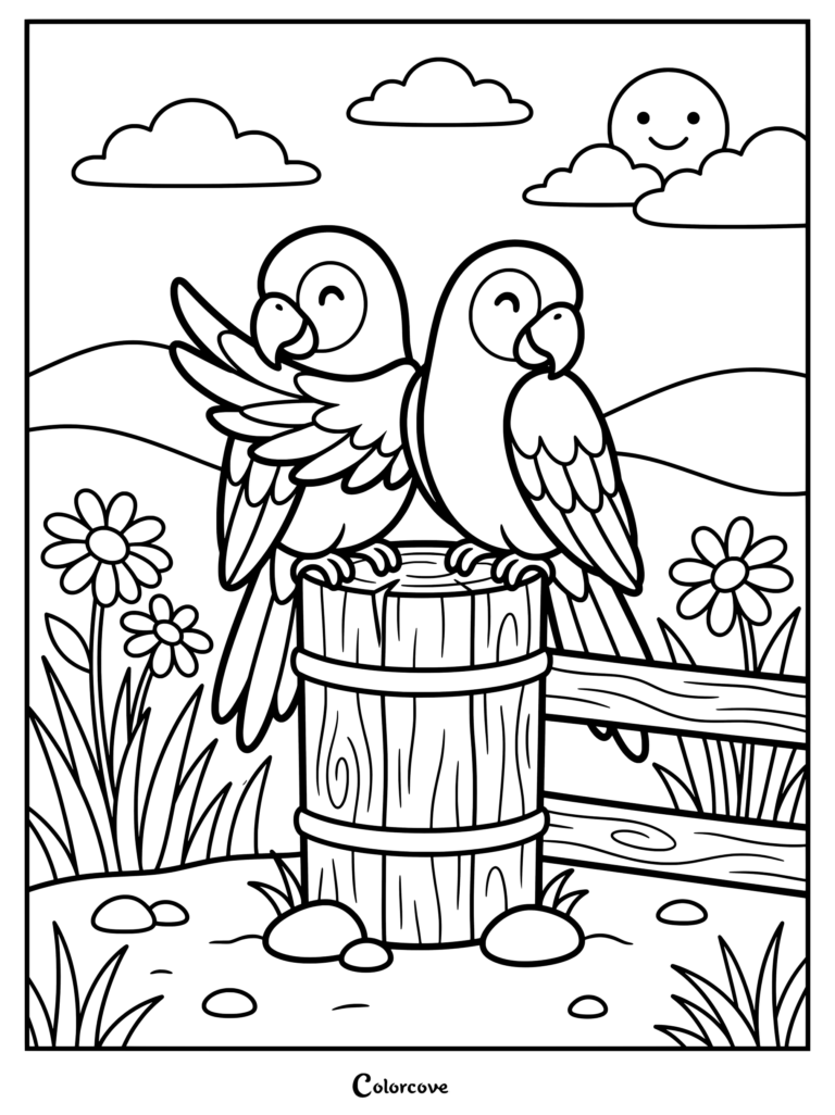 A printable parrot coloring page featuring two cheerful birds perched together on a wooden post in a sunny meadow.