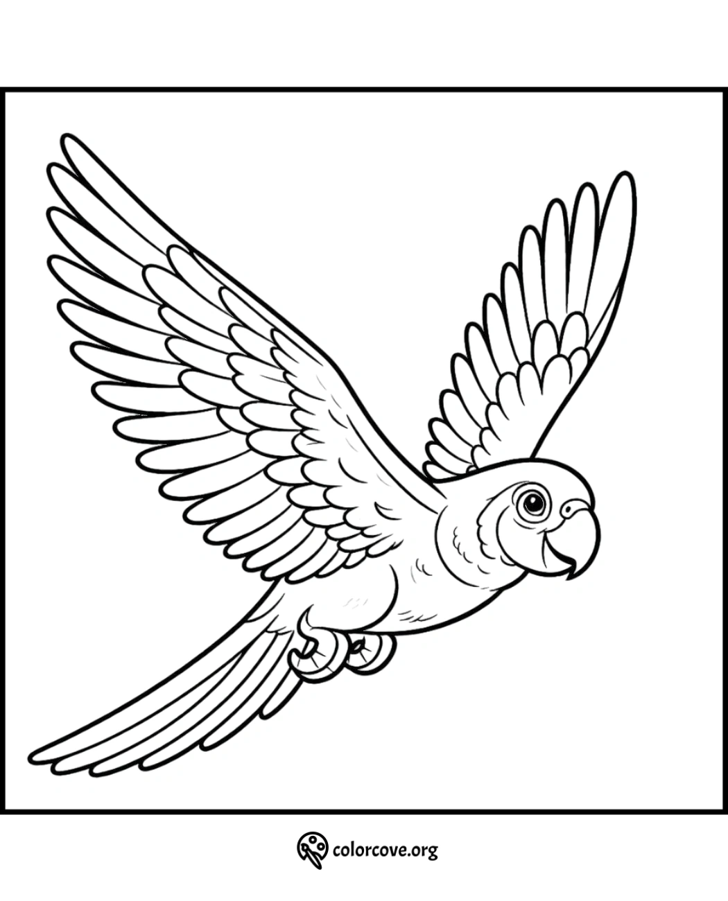 Printable parrot coloring page for kids and adults, featuring a detailed parrot in flight. Perfect for coloring fun and relaxation.