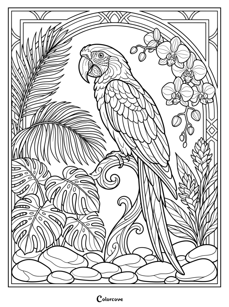 Detailed coloring page of a parrot perched on a branch surrounded by orchids and palm leaves.