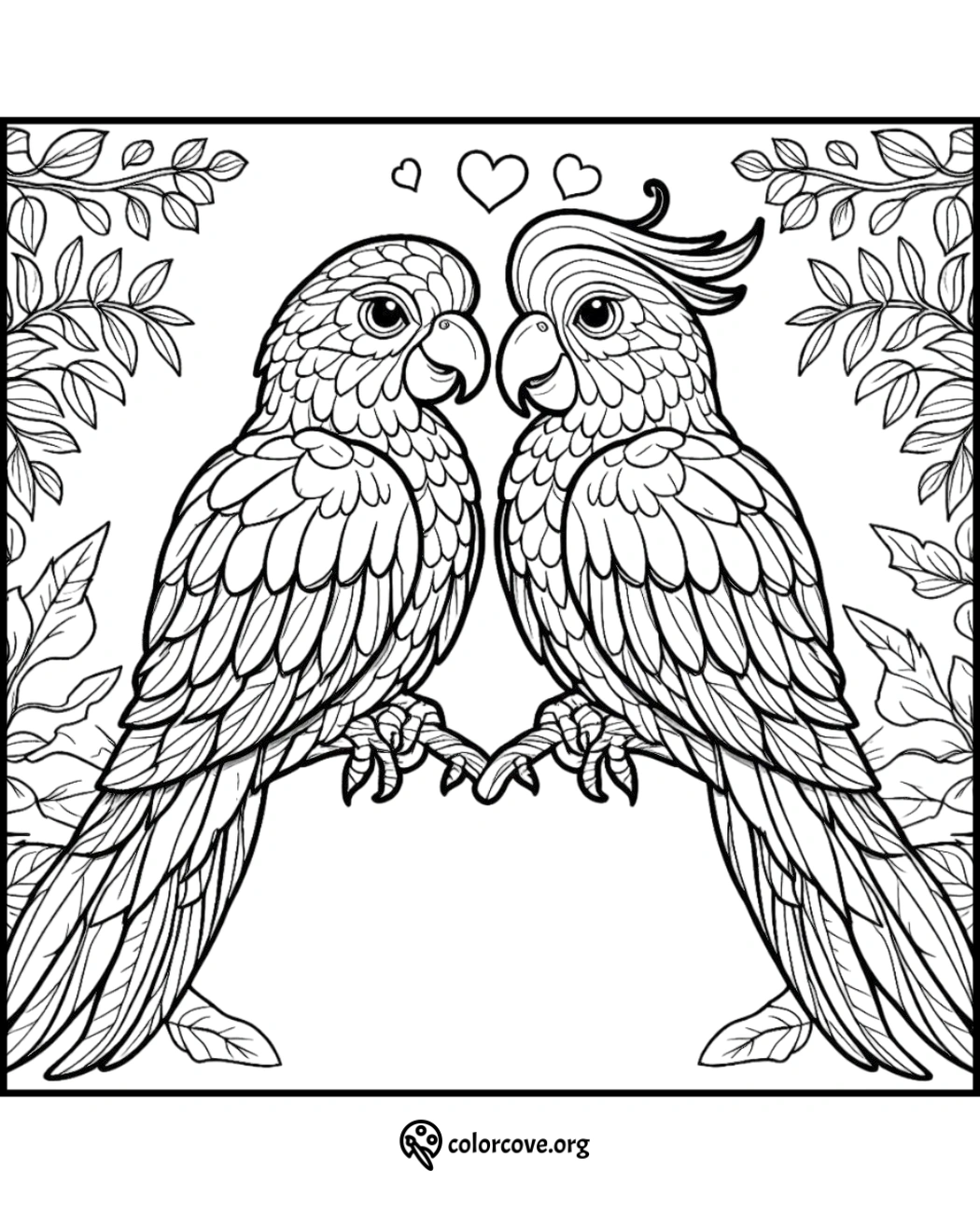 Coloring page featuring a pair of lovebirds perched together with hearts above, surrounded by leaves.