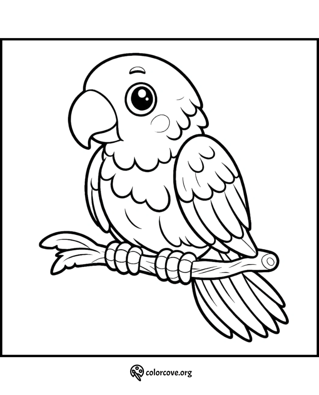 Cute Parrot Coloring Page: Adorable cartoon parrot perched on a branch, perfect for kids' coloring activities.