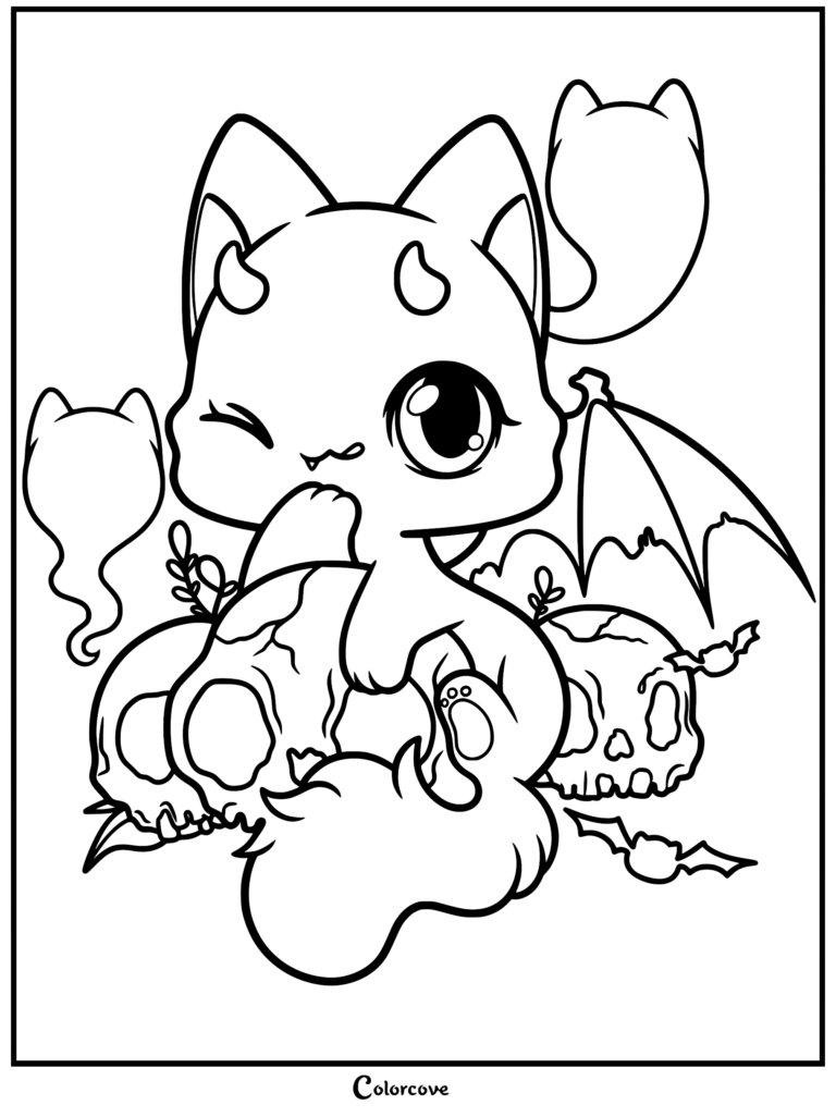 A cute pastel goth kitten with devil horns and bat wings sitting on skulls, surrounded by floating ghosts, printable coloring page.