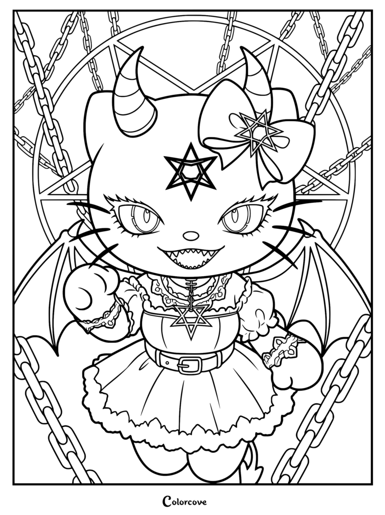 A pastel goth kitten with demon wings, horns, and a hexagram bow in a pentagram frame with chains, coloring page line art.