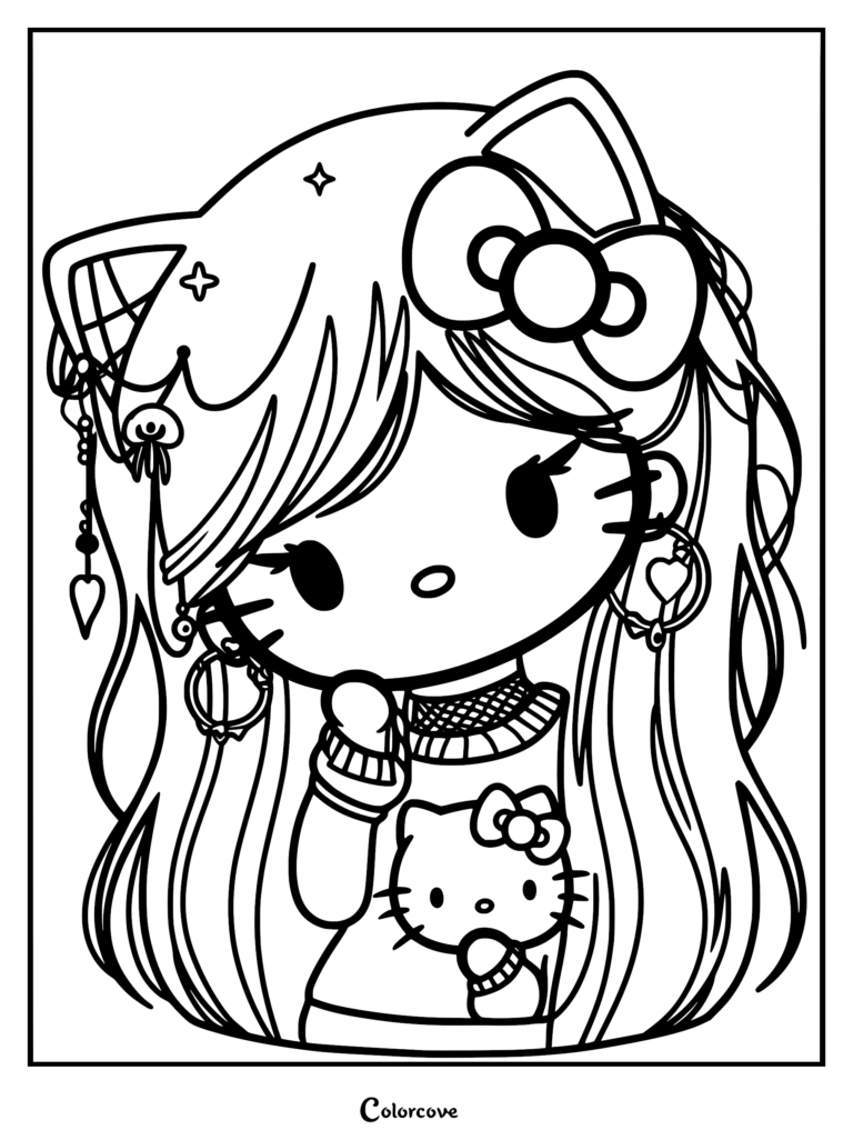 A pastel goth girl wearing a Hello Kitty cat-ear headband and a sweater featuring Hello Kitty, detailed with dangling charms and hoop earrings, in a printable line art coloring page.