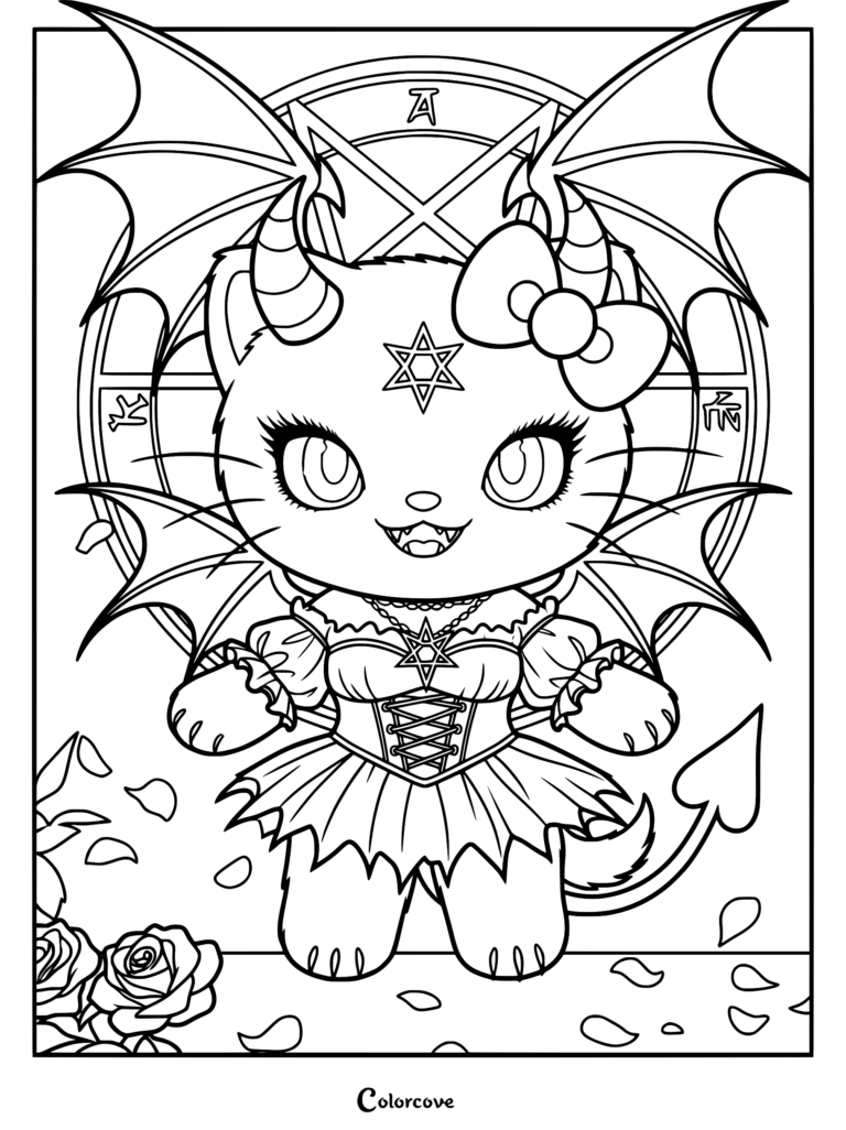 A pastel goth kitten coloring page featuring a winged cat with a bow, pentagram symbols, and a lace-up dress standing before a circular sigil.