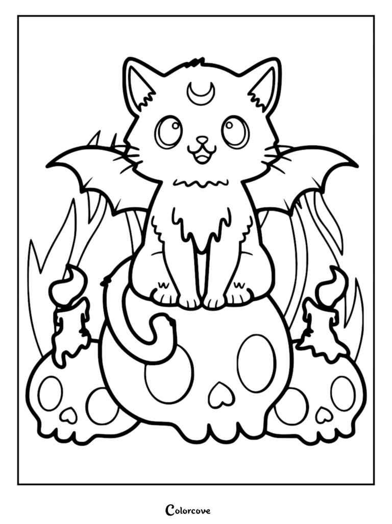 A cute winged pastel goth kitten with a crescent moon on its forehead sitting on a human skull surrounded by melting candles, coloring page design.